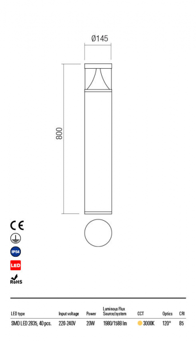 Stalp Exterior Redo PALACE 90161 LED 20W h800 Ø145 1588lm 3000K IP54 Nedimabil Gri Inchis [2]
