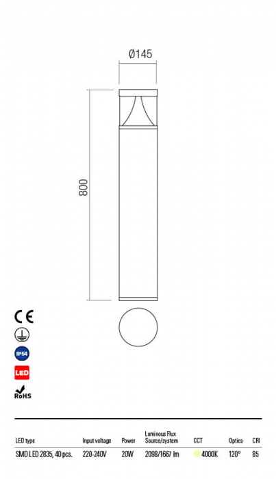 Stalp Exterior Redo PALACE 90164 LED 20W h800 Ø145 1667lm 4000K IP54 Nedimabil Maro Inchis [2]