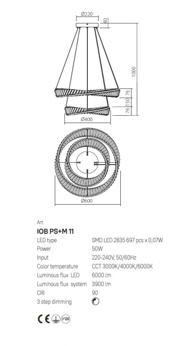Suspensie Incanti Oblige LED 50W 3000K, 4000K, 6000K 3900lm 3Step Dimming Metal Gold Decoratiuni Cristal IP20 [2]
