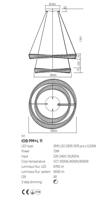Suspensie Incanti Oblige LED 73W 3000K, 4000K, 6000K 5606lm 3Step Dimming Metal Gold Decoratiuni Cristal IP20 [2]
