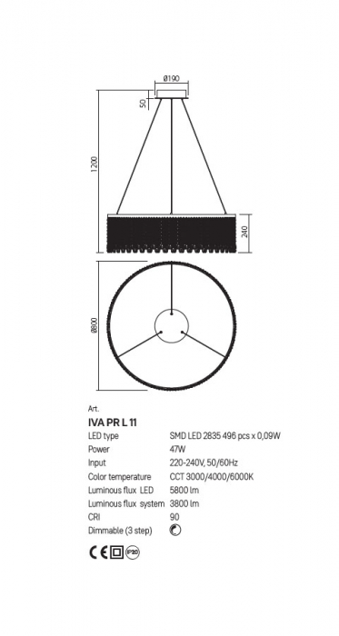 Suspensie Incanti Vanesia LED 47W 3000K, 4000K, 6000K 3800lm 3Step Dimming Aluminiu  auriu periat, decorațiuni din cristal IP20 [2]