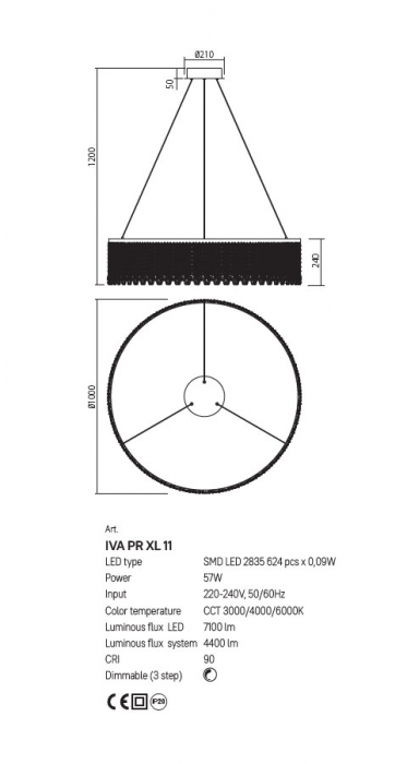 Suspensie Incanti Vanesia LED 57W 3000K, 4000K, 6000K 4400lm 3Step Dimming Aluminiu  auriu periat, decorațiuni din cristal IP20 [2]