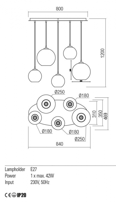 Suspensie Redo BOWL 01-2080 E27 5x42W h1200 Ø180/250 IP20 Nedimabil Crom/Cooper [2]