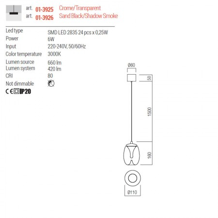 Suspensie Redo Drop, crom, LED, 6W, 420 lumeni, alb cald 3000K, D.11 cm, 01-3925 [2]