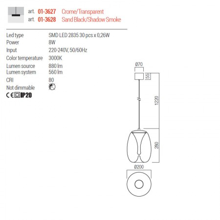 Suspensie Redo Drop, crom, LED, 8W, 560 lumeni, alb cald 3000K, D.20 cm, 01-3627 [2]