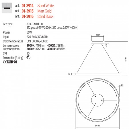 Suspensie Redo Iconic, auriu mat, LED CCT, 60W, 3786 lumeni, 3000K/4000K, D.78 cm, 01-3915 [2]