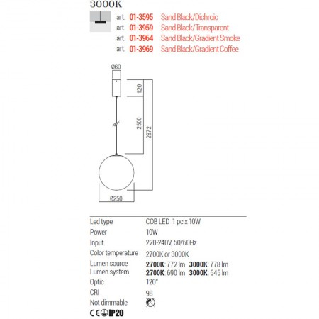 Suspensie Redo Irides, sticla multicolora, LED, 10W, 645 lumeni, alb cald 3000K, D.25 cm, 01-3595 [2]