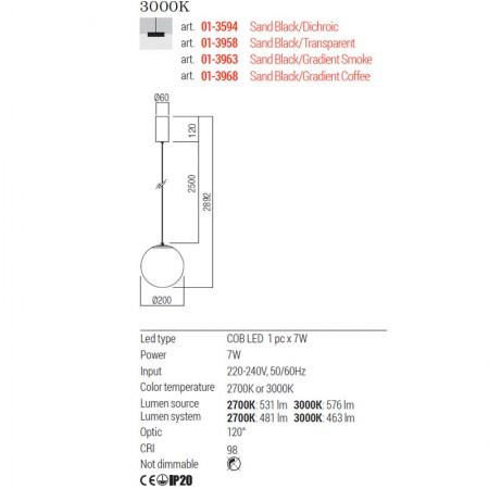 Suspensie Redo Irides, sticla transparenta, LED, 7W, 463 lumeni, alb cald 3000K, D.20 cm, 01-3958 [2]