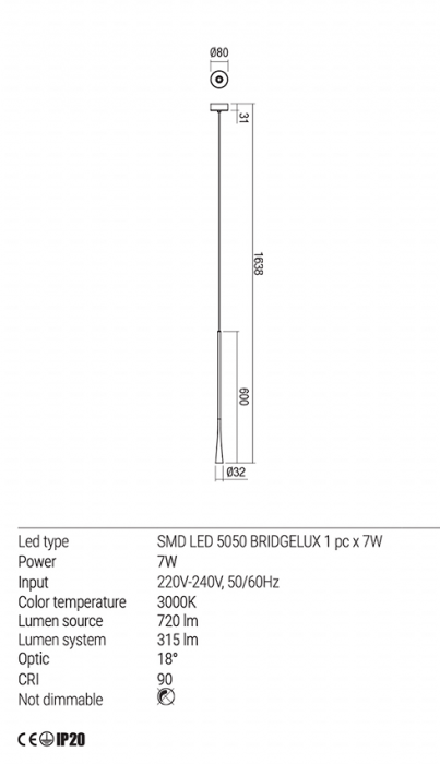 Suspensie REDO Ito 01-1756 LED 7W 3000K 315lm h1638 Nedimabil IP20 White [3]