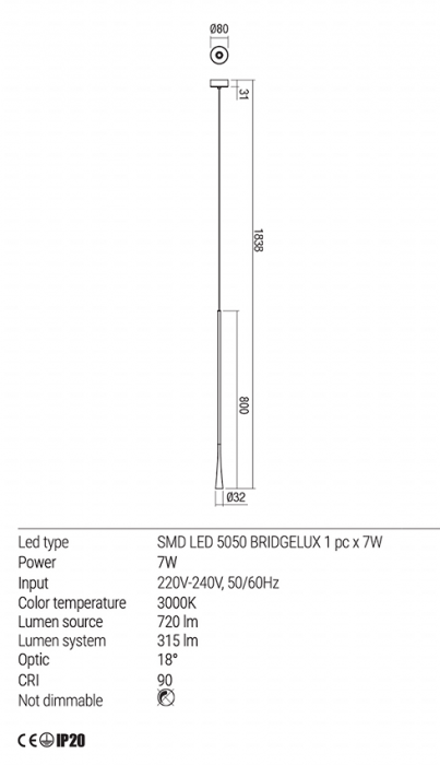 Suspensie REDO Ito 01-1759 LED 7W 3000K 315lm h1838 Nedimabil IP20 White [3]