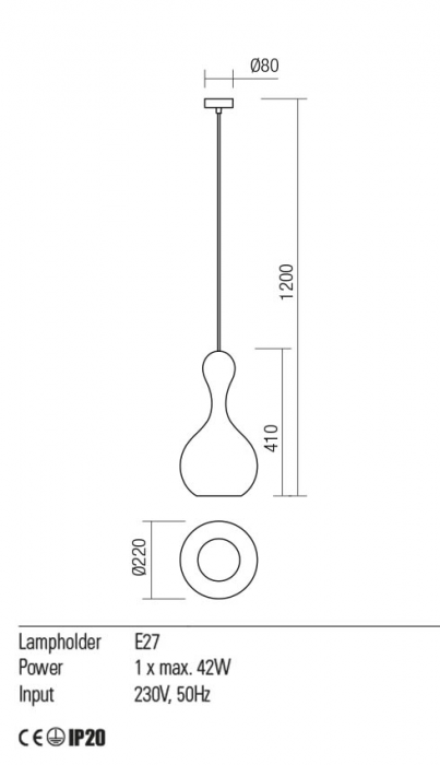 Suspensie Redo LOB 01-2259 E27 1x42W h1200 Ø220 IP20 Nedimabil Crom/Fume [2]