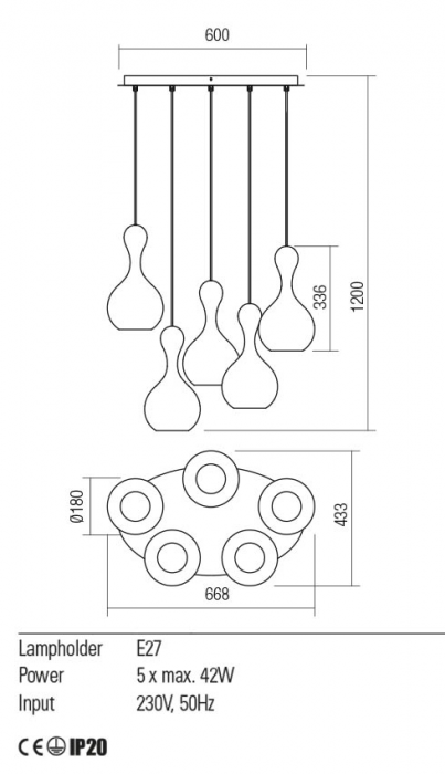 Suspensie Redo LOB 01-2262 E27 5x42W h1200 Ø180 IP20 Nedimabil Crom/Fume [2]