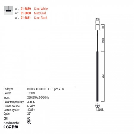 Suspensie Redo Nikos, alb mat, LED, 8W, 408 lumeni, alb cald 3000K, H.75 cm, 01-3859 [2]