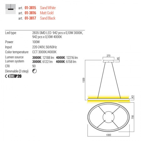 Suspensie Redo Nobu, alb mat, LED CCT, 100W, 6158 lumeni, 3000K/4000K, L.100 cm, 01-3815 [2]