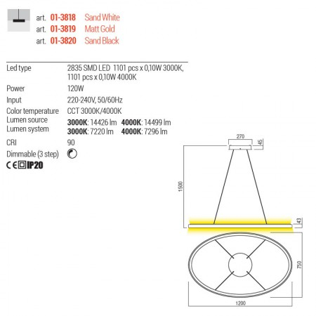 Suspensie Redo Nobu, auriu mat, LED CCT, 120W, 7296 lumeni, 3000K/4000K, L.120 cm, 01-3819 [2]