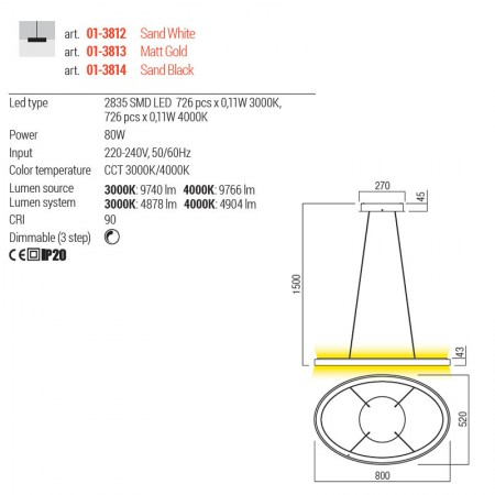 Suspensie Redo Nobu, auriu mat, LED CCT, 80W, 4904 lumeni, 3000K/4000K, L.80 cm, 01-3813 [2]