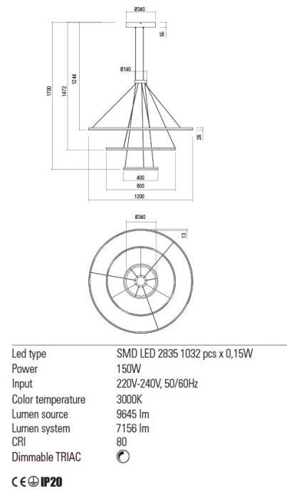 Suspensie REDO Orbit 01-2242 LED 150W h1700 Ø340 7156lm 3000K IP20 Nedimabil Alb mat [2]