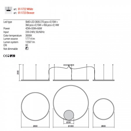 Suspensie Redo Orbit, bronz, LED, 66W+55W+42W, 12507 lumeni, alb cald 3000K [2]