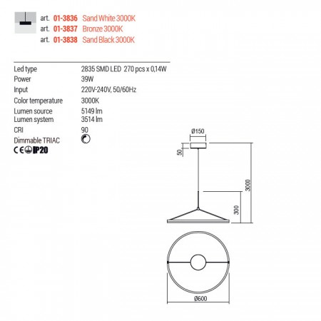 Suspensie Redo Orbit, negru mat, LED, 39W, 3514 lumeni, alb cald 3000K, D.60 cm, 01-3838 [2]