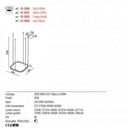 Suspensie Redo Orion, alb mat, LED CCT, 40W, 2609 lumeni, 2700K/3000K/4000K, L.50 cm, 01-3890 [2]