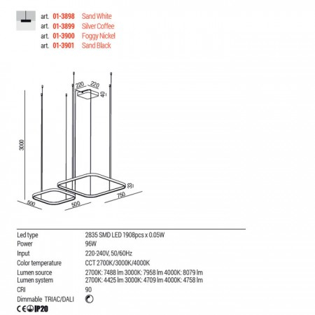 Suspensie Redo Orion, silver coffee, LED CCT, 96W, 6008 lumeni, 2700K/3000K/4000K, L.75+50 cm, 01-3899 [2]