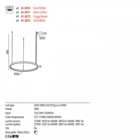 Suspensie Redo Orion Round, silver coffee, LED CCT, 58W, 3937 lumeni, 2700K/3000K/4000K, D.75 cm, 01-3871 [2]