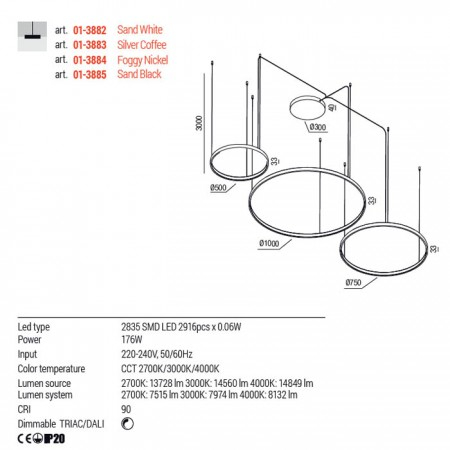 Suspensie Redo Orion Round, negru mat, LED CCT, 176W, 11406 lumeni, 2700K/3000K/4000K, D.100+75+50 cm, 01-3885 [2]