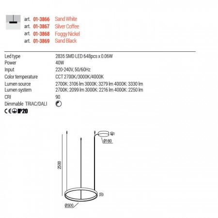 Suspensie Redo Orion Round, silver coffee, LED CCT, 40W, 2660 lumeni, 2700K/3000K/4000K, D.50 cm, 01-3867 [2]