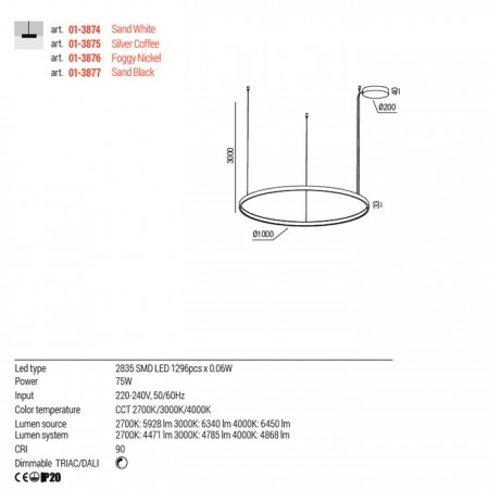 Suspensie Redo Orion Round, negru mat, LED CCT, 75W, 5544 lumeni, 2700K/3000K/4000K, D.100 cm, 01-3877 [2]