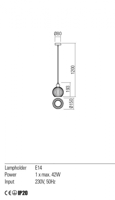 Pendul Redo PLUMEN 01-2064 E14 1x40W h1200 Ø150 IP20 Nedimabil Crom/Cooper [2]