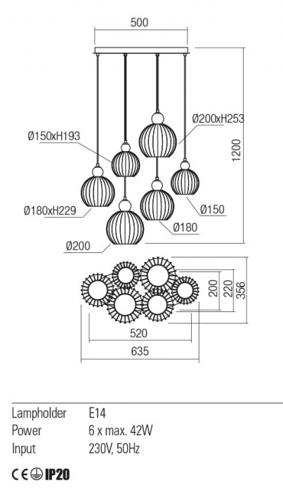 Suspensie Redo PLUMEN 01-2069 E14 6x40W h1200 Ø200/180/150 IP20 Nedimabil Crom/Fume [2]