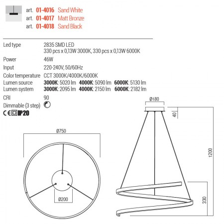 Suspensie Redo Scroll, bronz mat, LED, 46W, 2182 lumeni, 3000K/4000K/6000K, D.75 cm, 01-4017 [2]