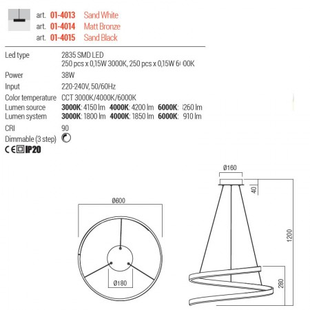 Suspensie Redo Scroll, alb mat, LED, 38W, 1910 lumeni, 3000K/4000K/6000K, D.60 cm, 01-4013 [2]
