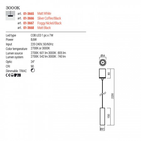 Suspensie Redo Takto, negru mat, LED, 8.5W, 601 lumeni, alb cald 3000K, D.4 cm, 01-3668 [2]