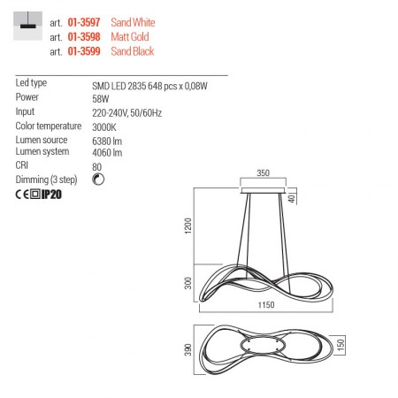 Suspensie Redo Tempest, auriu mat, LED, 58W, 4060 lumeni, alb cald 3000K, L.115 cm, 01-3598 [2]
