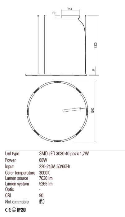 Suspensie REDO Union 01-2209 LED 68W h1300 Ø1200 5265lm 3000K IP20 Nedimabil Auriu Mat [2]