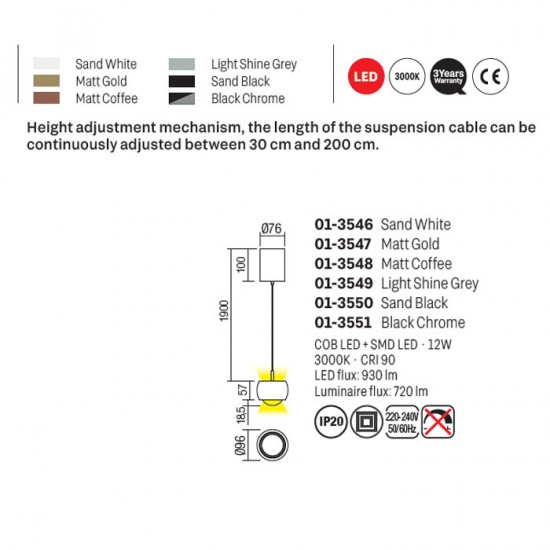 Suspensie Smarter Aves, crom negru, LED, 12W, 720 lumeni, alb cald 3000K, D.10 cm, 01-3551 [3]