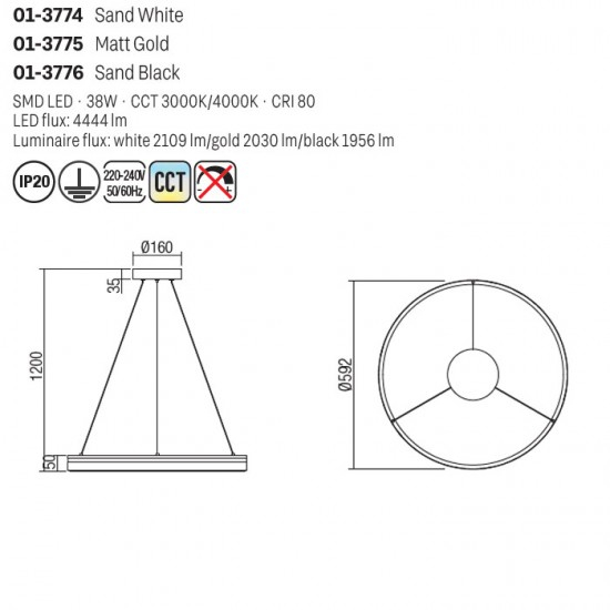 Suspensie Smarter Valdis, negru mat, LED CCT, 38W, 2109 lumeni, 3000K/4000K, D.59 cm, 01-3776 [2]