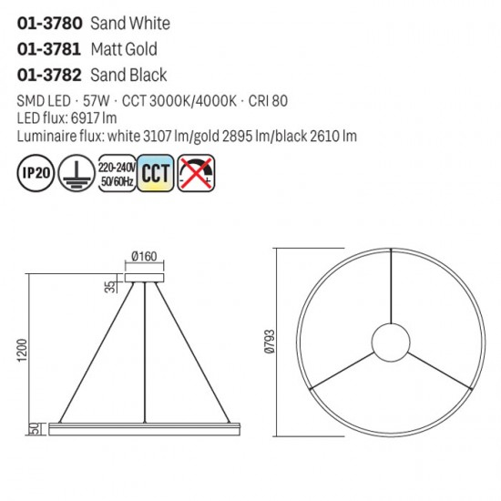 Suspensie Smarter Valdis, alb mat, LED CCT, 57W, 3107 lumeni, 3000K/4000K, D.79 cm, 01-3780 [2]