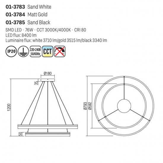 Suspensie Smarter Valdis, auriu mat, LED CCT, 76W, 3710 lumeni, 3000K/4000K, D.79 cm, 01-3784 [3]