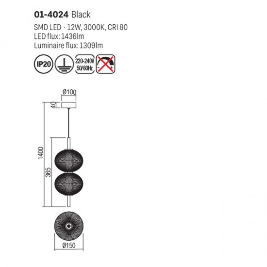 Pendul Smarter Ventura, negru mat, LED, 12W, 1309 lumeni, alb cald 3000K, H.36 cm, 01-4024 [2]