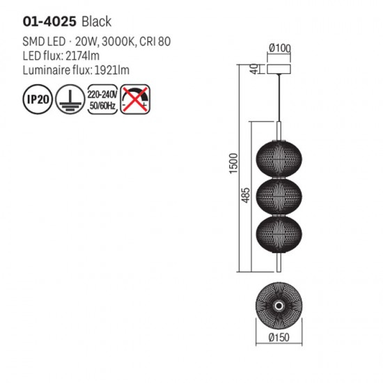 Suspensie Smarter Ventura, negru mat, LED, 20W, 1921 lumeni, alb cald 3000K, H.49 cm, 01-4025 [2]