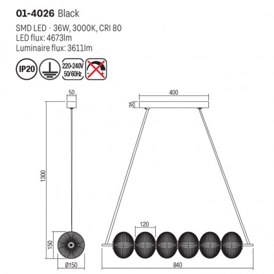 Suspensie Smarter Ventura, negru mat, LED, 36W, 3611 lumeni, alb cald 3000K, L.84 cm, 01-4026 [3]