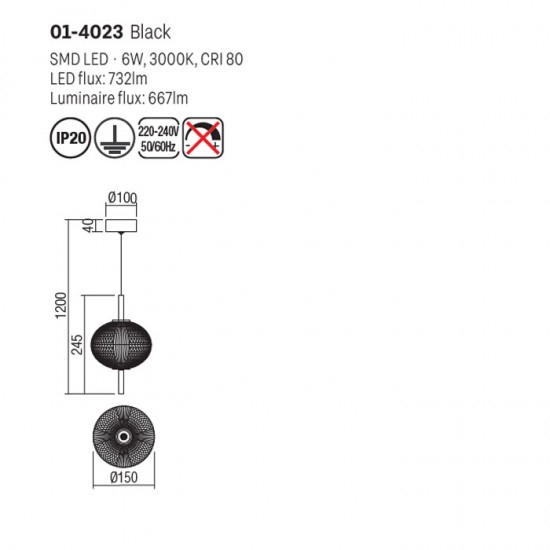 Pendul Smarter Ventura, negru mat, LED, 6W, 667 lumeni, alb cald 3000K, H.25 cm, 01-4023 [2]