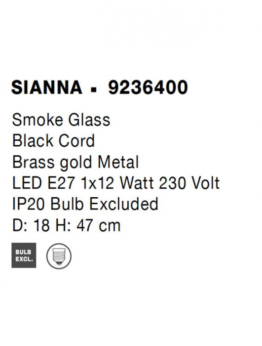 Veioza Nova Luce SIANNA E27 4x12W   Smoke Glass & Black Cord & Brass gold Metal IP20 [7]