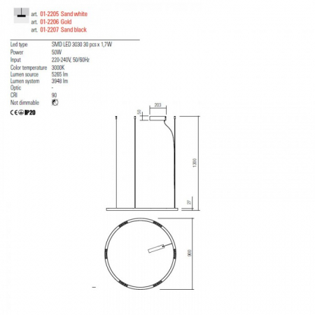 01-2205 Suspensie REDO UNION LED 50W 3948lm 3000K IP20 Aluminiu Sand White CRI 90 Nedimabil [1]