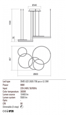 01-2606  Suspensie  REDO SIGUA, MAT GOLD, LED, 99W, 10400 lm,3000K, 3 STEP DIMMING, IP20 [2]