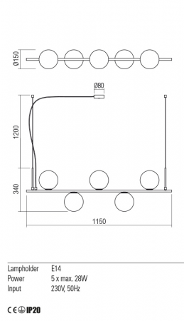 01-2648 Suspensie REDO TALIS E14 5x28W  IP20 Metal/Sticla Black [1]