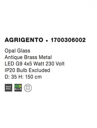 1700306002 Suspensie Nova Luce AGRIGENTO G9 4,5W IP20 Glass/Metal Opal Antique Brush [2]
