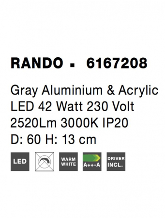 6167208 Plafoniera Nova Luce RANDO LED 42W 2691lm 3000K Aluminium & Acrylic Gray Nedimabil IP20 [3]